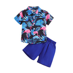 Summer New Boys' Short-sleeved Printed Shirt And Shorts Two-piece Set