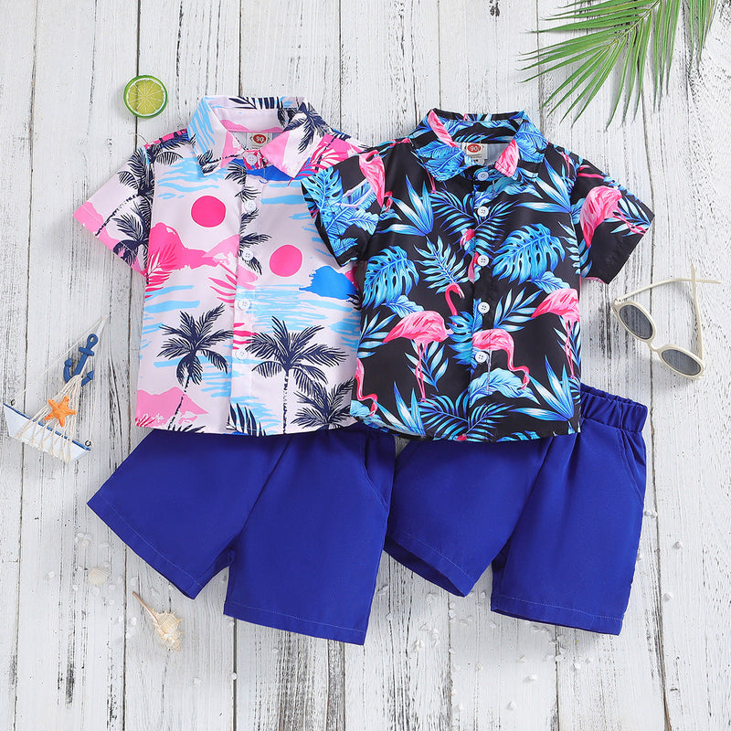 Summer New Boys' Short-sleeved Printed Shirt And Shorts Two-piece Set