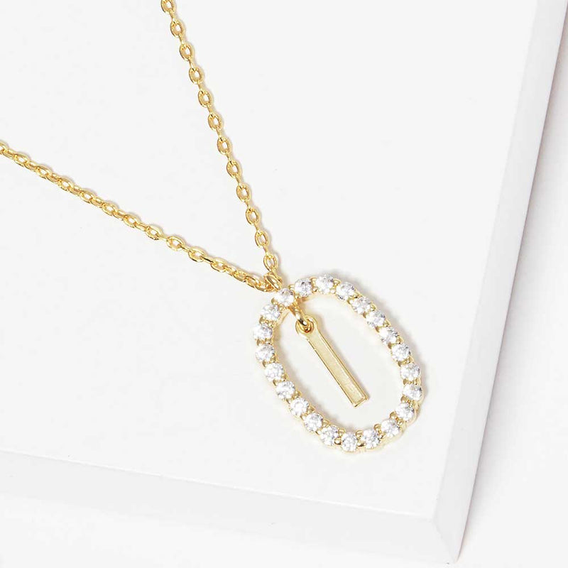 -I- Gold Dipped Metal Initial Monogram Rhinestone Oval Link Pendant Necklace